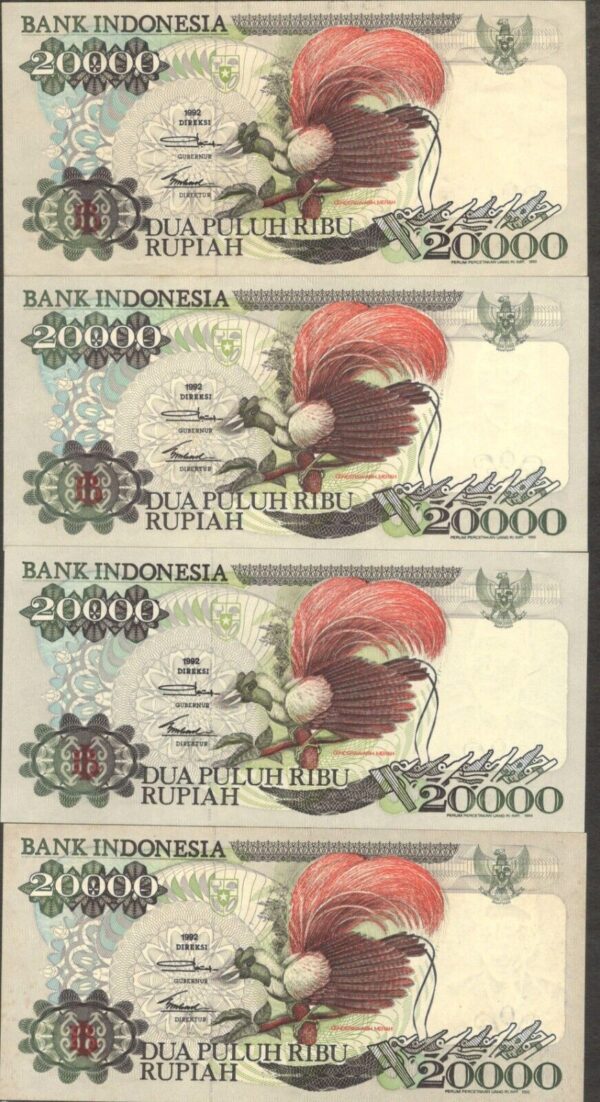 Set Year 4 Pcs Indonesia 20000 20,000 Rupiah Bird of Paradise P-132 a-d 1992-95