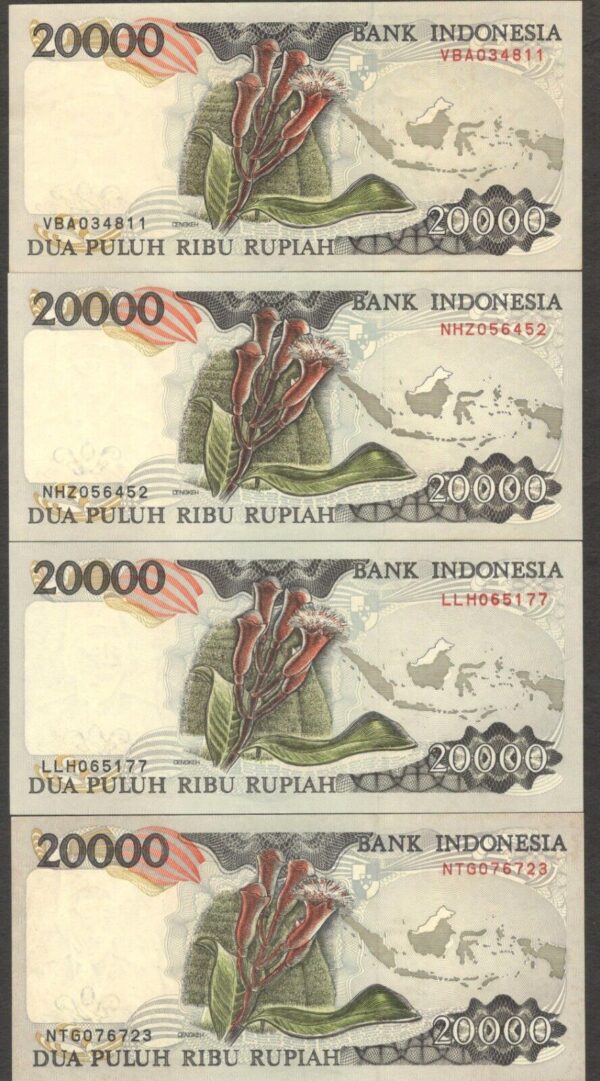 Set Year 4 Pcs Indonesia 20000 20,000 Rupiah Bird of Paradise P-132 a-d 1992-95 - Image 2
