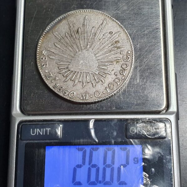Mexico First Republic 8 Reales 1860 Zs MO Zacatecas Mint VF - Image 4