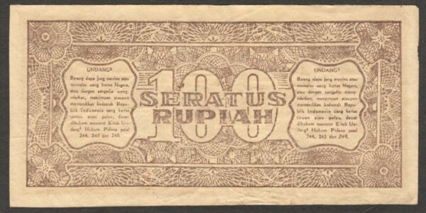 Oeang Republik Indonesia (ORI) 100 Rupiah President Soekarno P-29 1947 VF Crisp - Image 2