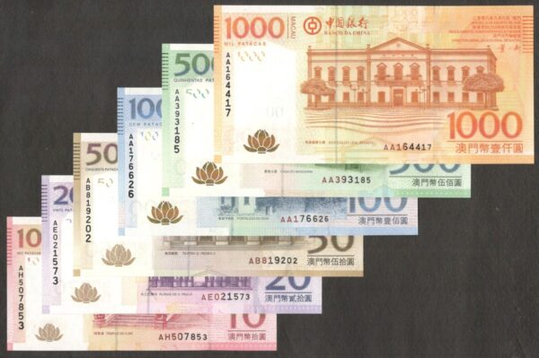 FullSet 6 Pcs Macau Macao 1000 500 100 (1st AAPrefix) 50 20 10 Patacas 2008 UNC