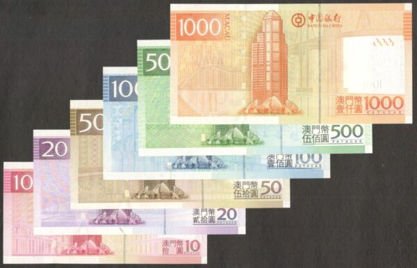 FullSet 6 Pcs Macau Macao 1000 500 100 (1st AAPrefix) 50 20 10 Patacas 2008 UNC - Image 2