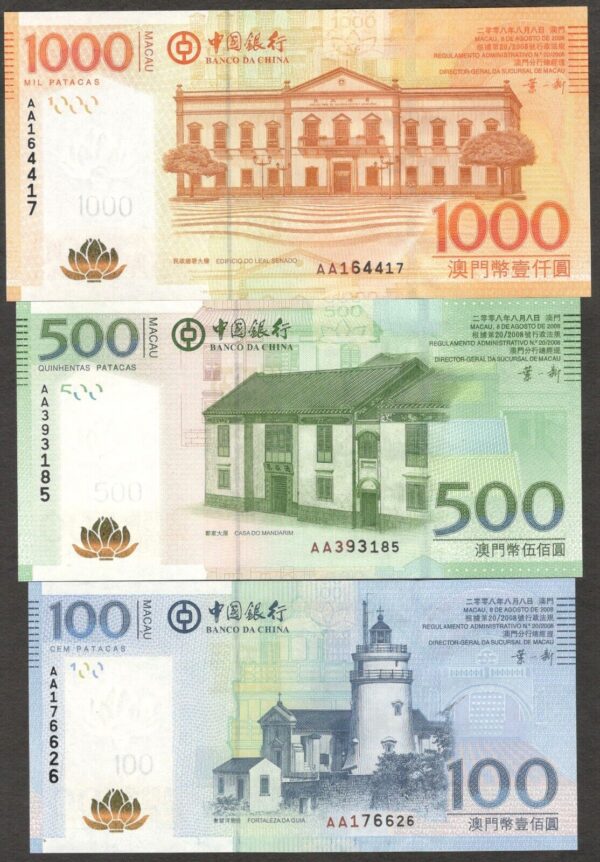 FullSet 6 Pcs Macau Macao 1000 500 100 (1st AAPrefix) 50 20 10 Patacas 2008 UNC - Image 3
