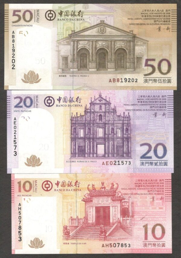 FullSet 6 Pcs Macau Macao 1000 500 100 (1st AAPrefix) 50 20 10 Patacas 2008 UNC - Image 5