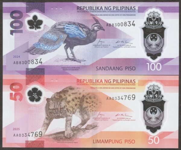 NEW Set 2 Pcs Philippines 50 100 Pesos Fauna Series Polymer 2024 - 2025 UNC