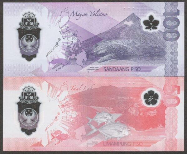 NEW Set 2 Pcs Philippines 50 100 Pesos Fauna Series Polymer 2024 - 2025 UNC - Image 2