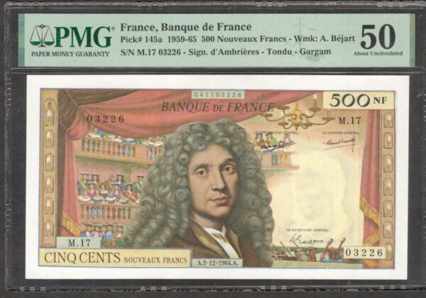France 500 Nouveaux Francs Moliere P-145a 3 Dec 1964 PMG 50 aUNC No Remark