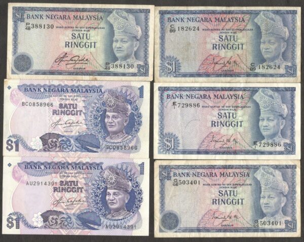 Set 6 Pcs Malaysia 1 Ringgit Signature and Variation 1967-1984 VF No Tear