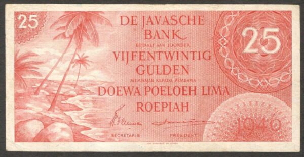 Netherlands Indies 25 Gulden Orange P-92 1946 Scarce VF to VF+ Read Desc.