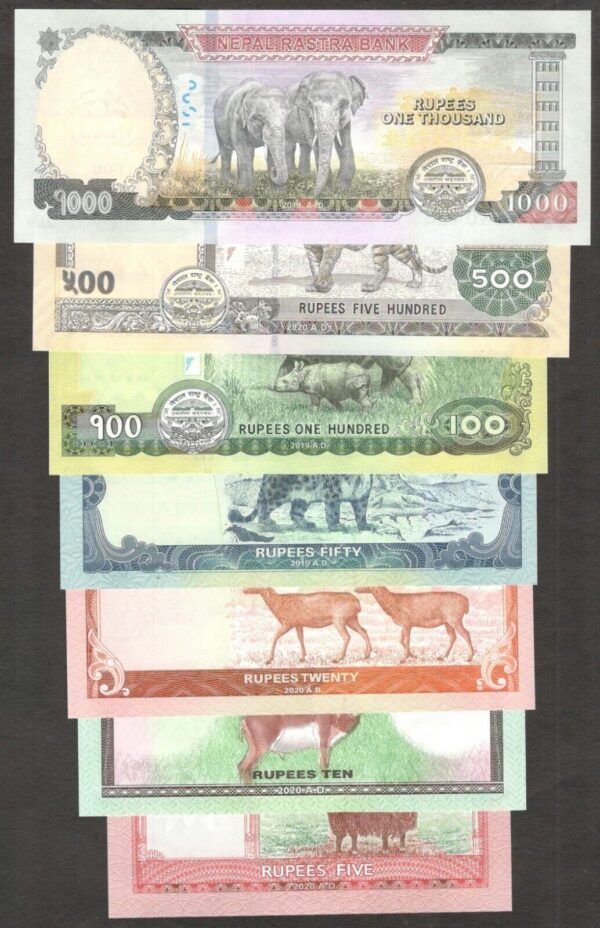 Full Set 7 Pcs Nepal 5 10 20 50 100 500 1000 Rupees 2019 - 2020 UNC - Image 2