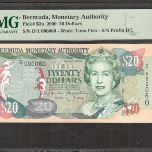 Bermuda 20 Dollars Queen Elizabeth II Prefix D/1 P-53a 2000 Low S/N PMG 65 EPQ