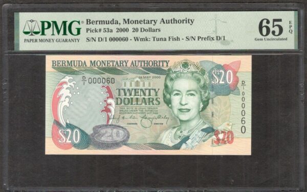 Bermuda 20 Dollars Queen Elizabeth II Prefix D/1 P-53a 2000 Low S/N PMG 65 EPQ