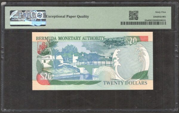 Bermuda 20 Dollars Queen Elizabeth II Prefix D/1 P-53a 2000 Low S/N PMG 65 EPQ - Image 2