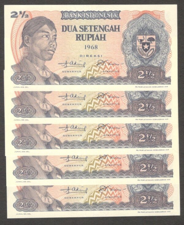 Lot 5 Pcs Indonesia 2 1/2 2.5 Rupiah General Sudirman 1968 UNC Taken from Bundle