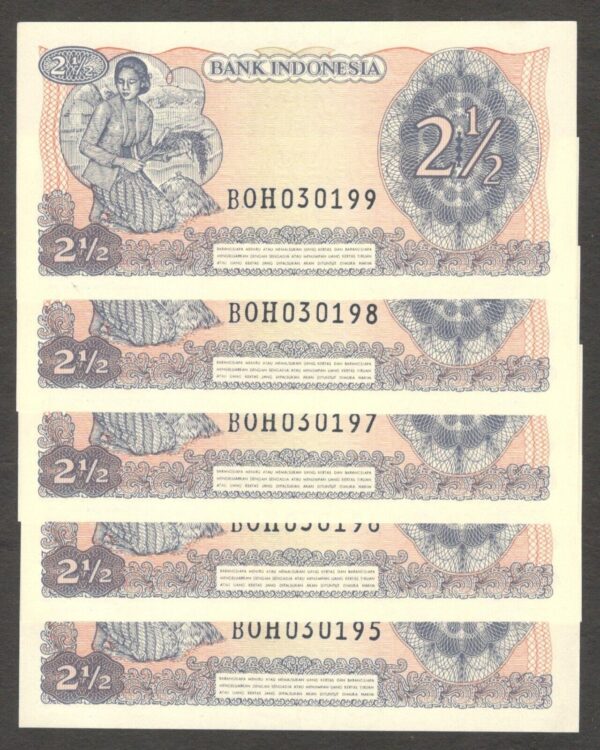 Lot 5 Pcs Indonesia 2 1/2 2.5 Rupiah General Sudirman 1968 UNC Taken from Bundle - Image 2