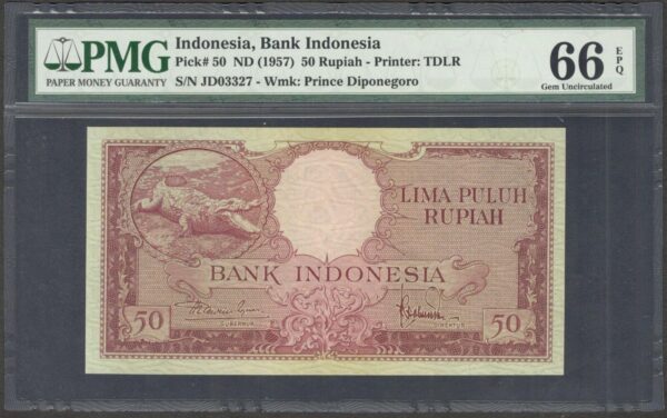Indonesia 50 Rupiah Crocodile Pick-50 ND (1957) PMG 66 EPQ GEM UNC Scarce