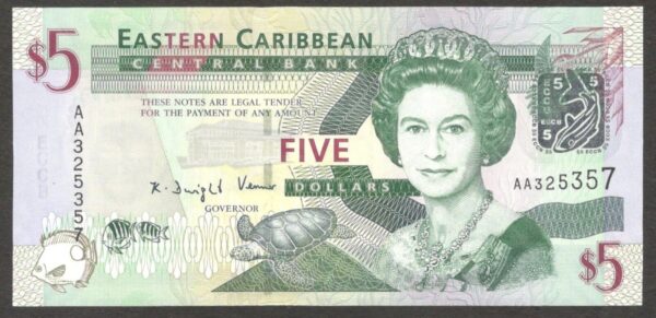 Eastern Caribbean 5 Dollars First Prefix AA Queen Elizabeth II 2008 UNC