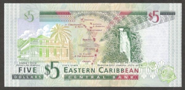Eastern Caribbean 5 Dollars First Prefix AA Queen Elizabeth II 2008 UNC - Image 2