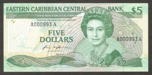 Eastern Caribbean Antigua 5 Dollars QE II Anguilla Not Named P-18a 1986-88 UNC