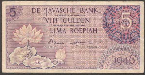 Netherlands Indies Indonesia 5 Gulden Purple P-87 1946 VF Crisp Paper