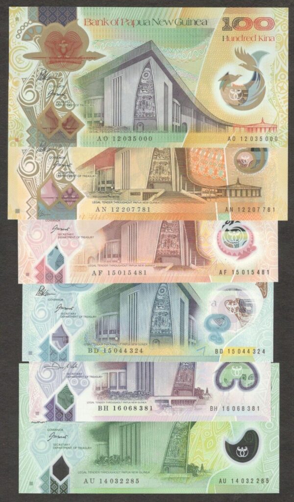 Full Set 6 Pcs Papua New Guinea 2 5 10 20 50 100 Kina Polymer 2012 - 2016 GEMUNC