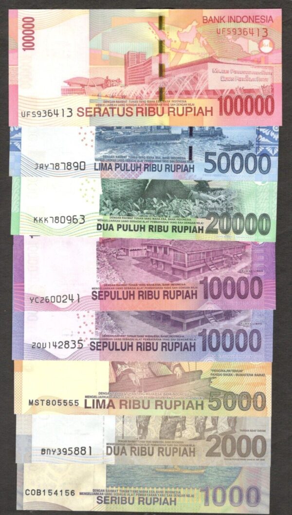 FullSet 8 Pcs Indonesia 1000 2000 5000 10000 20000 50000 100000 Rupiah MixYr UNC - Image 2