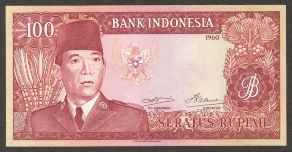 Indonesia 100 Rupiah President Soekarno P-86* 1960 aUNC - Image 2