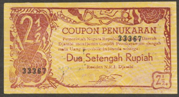 Indonesia ORIDA Djambi 2 1/2 2.5 Rupiah 20 May 1948 UNC-
