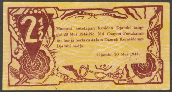 Indonesia ORIDA Djambi 2 1/2 2.5 Rupiah 20 May 1948 UNC- - Image 2