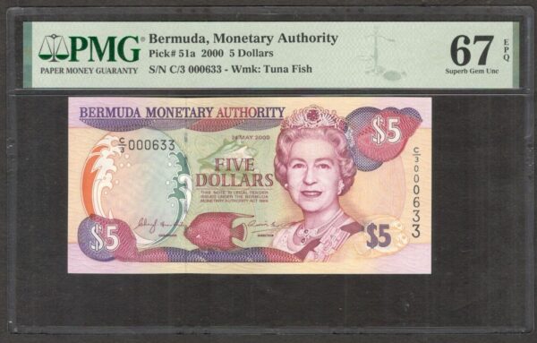 Bermuda 5 Dollars Queen Elizabeth II P-51a 2000 Low S/N PMG 67 EPQ 2ND HIGHEST