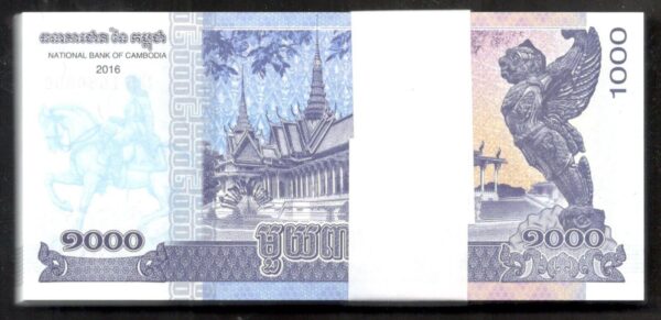 Lot 100 Pcs 1 Bundle Cambodia Cambodge 1000 1,000 Riels P-67 2016 UNC - Image 2
