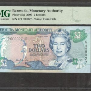 Bermuda 2 Dollars Queen Elizabeth II P-50a 2000 Low S/N PMG 67 EPQ 2ND HIGHEST
