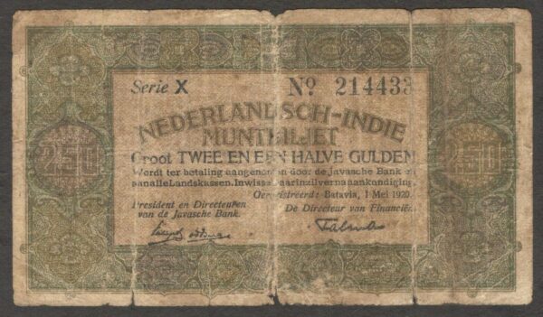 Netherlands Indies Indonesia 2 1/2 2.5 Gulden Muntbiljet 1 Prefix P-104 1920 VG