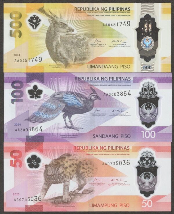 NEW Set 3 Pcs Philippines 50 100 500 Pesos 1st Prefix AA Polymer 2024 - 2025 UNC