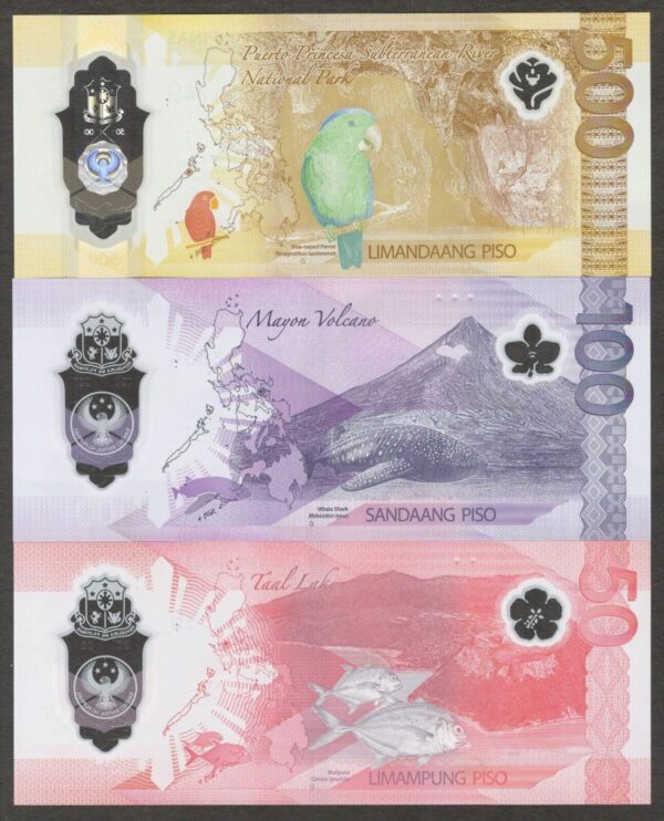 NEW Set 3 Pcs Philippines 50 100 500 Pesos 1st Prefix AA Polymer 2024 - 2025 UNC - Image 2