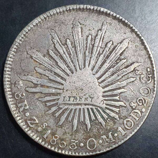 Mexico First Republic 8 Reales 1853 Zs OM Zacatecas Mint VF