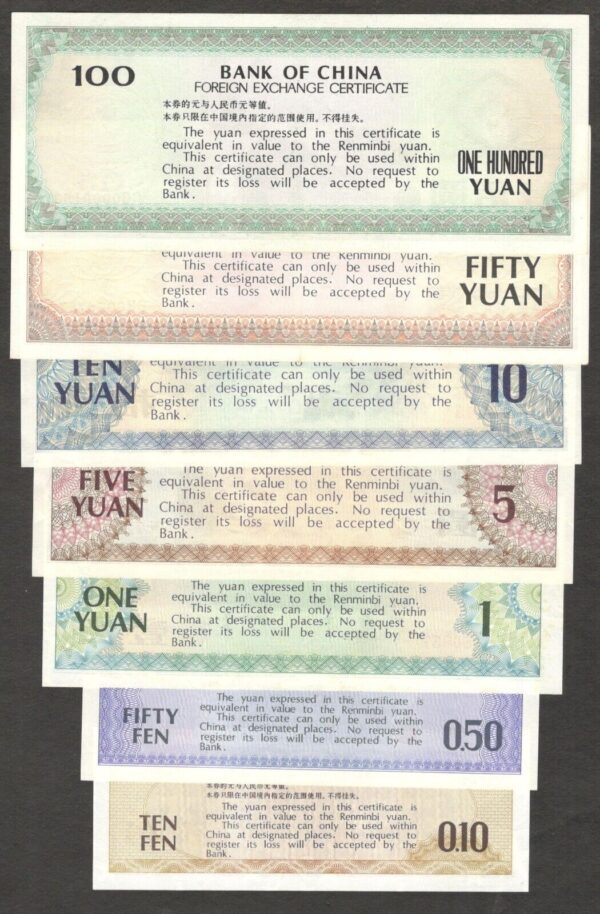 Set 7 Pcs China Foreign Exchange Cert. 10 50 Fen 1 5 10 50 100 Yuan 1979 - 1988 - Image 2