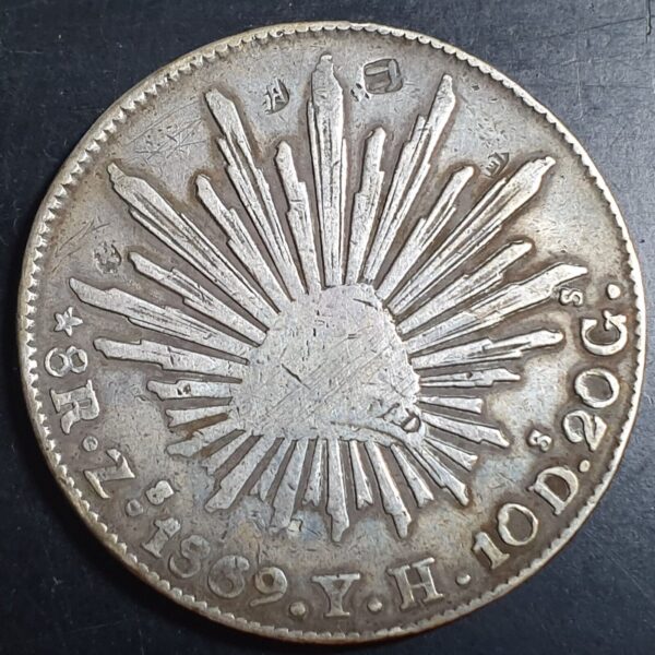 Mexico Second Republic 8 Reales 1869 Zs TH Zacatecas Mint
