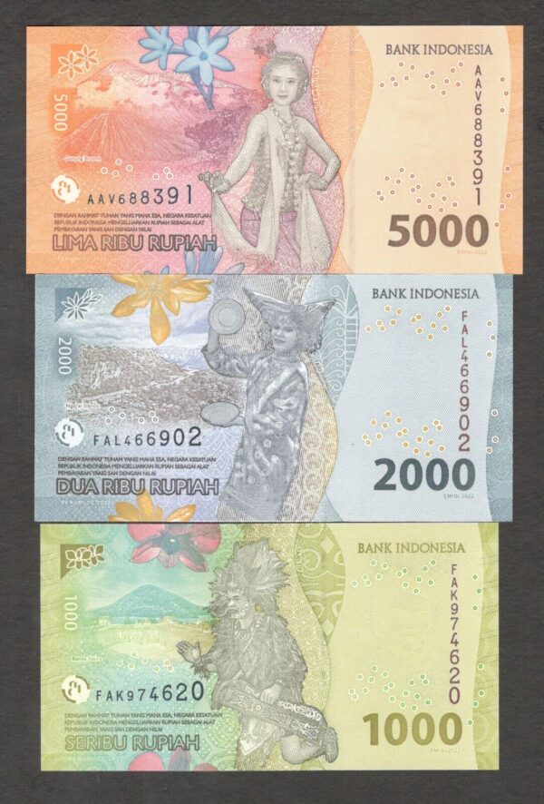 NEW DESIGN Set Indonesia 5000 2000 1000 Rupiah 2022 UNC Fresh Taken From Bundle - Image 2