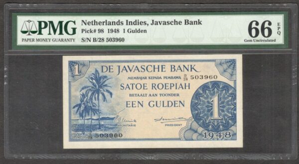 Netherlands East Indies 1 Gulden 1948 P-98 PMG 66 GEM UNC