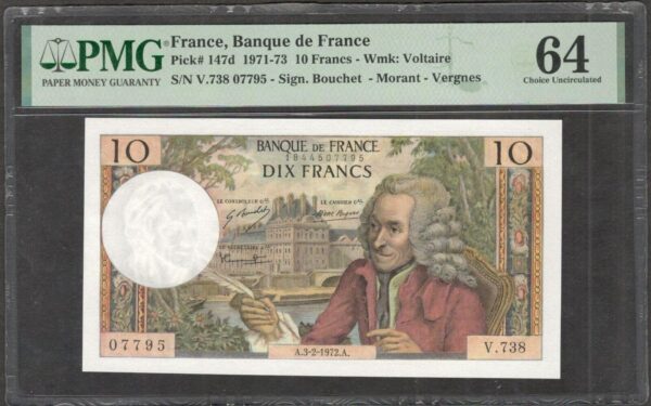 France 10 Francs Voltaire Pick-147d 1972 PMG 64 CH UNC