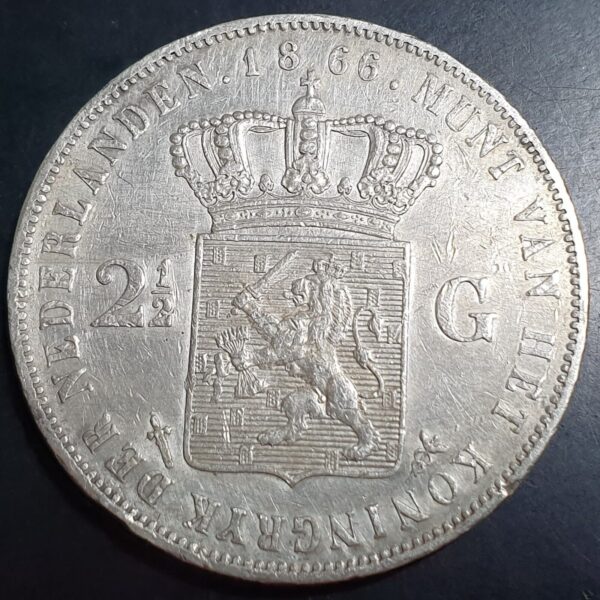 Netherlands 2 1/2 2.5 Gulden Willem William III 1866 XF Cleaned - Image 2