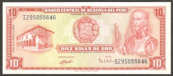 Peru 10 Soles de Oro P-100 Garcilaso Inca de la Vega 1972 UNC
