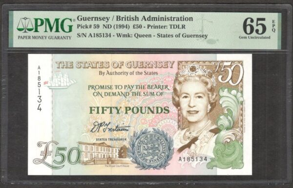 Guernsey British Administration 50 Pounds Elizabeth II 1994 P-59 PMG 65 EPQ