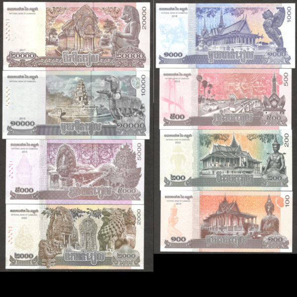 Set 8 Pcs Cambodia 100 200 500 1000 2000 5000 10K 20K Riels P65-70 2014-2022 UNC - Image 2