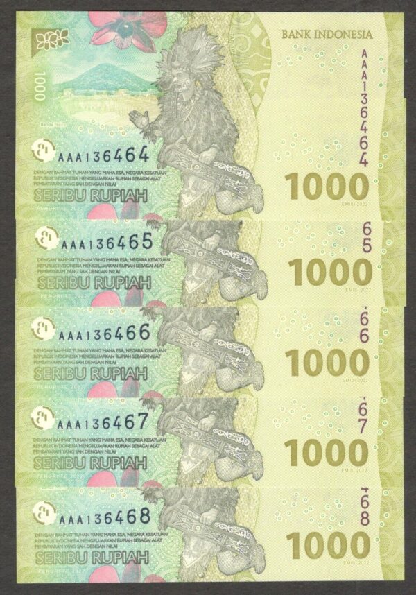 Lot 5 Pcs NEW FIRST PREFIX AAA Indonesia 1000 1,000 Rupiah 2022 UNC