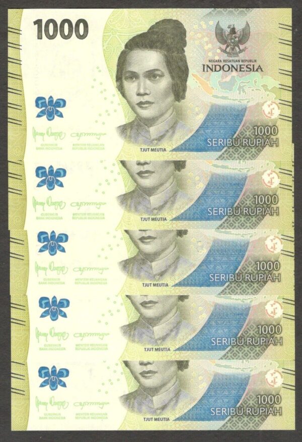 Lot 5 Pcs NEW FIRST PREFIX AAA Indonesia 1000 1,000 Rupiah 2022 UNC - Image 2
