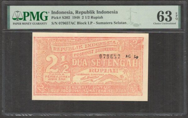 Indonesia ORIDA Sumatera Selatan 2 1/2 2.5 Rupiah P-S202 PMG 63 EPQ Ch UNC