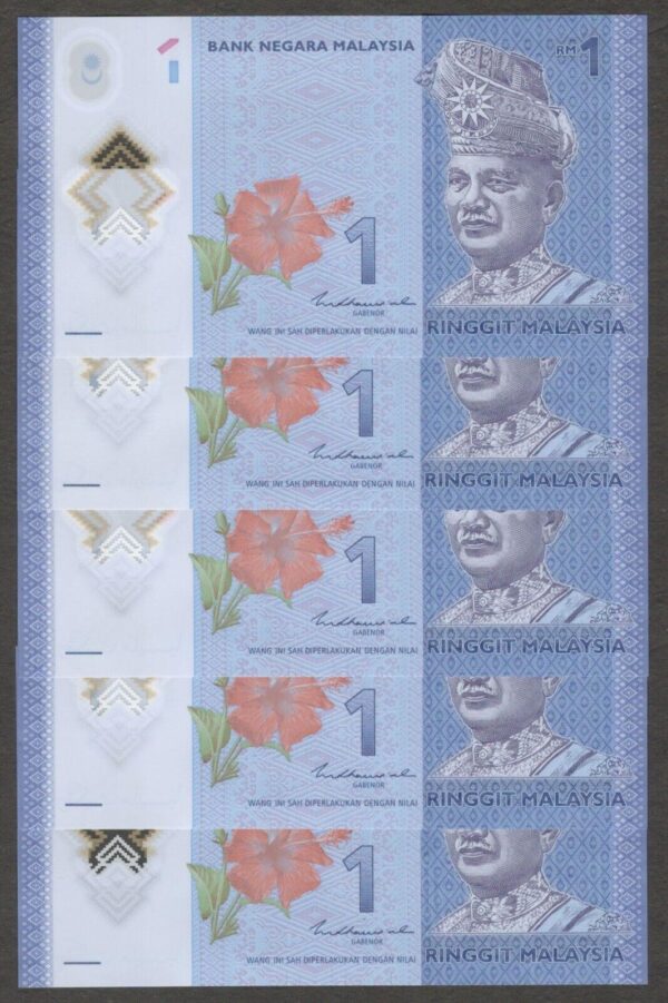 Lot 5 Pcs Consecutive Malaysia 1 Ringgit 2021 Polymer UNC