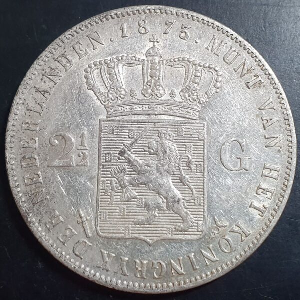 Netherlands 2 1/2 2.5 Gulden Willem William III 1873 aUNC Details - Image 2